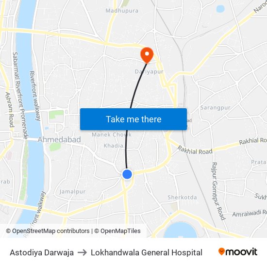 Astodiya Darwaja to Lokhandwala General Hospital map