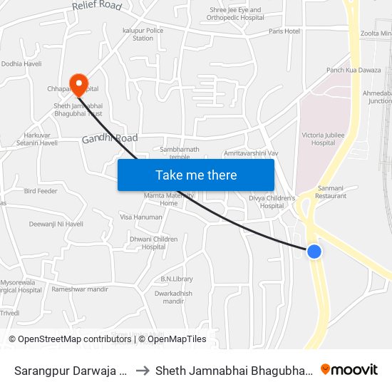 Sarangpur Darwaja BRTS to Sheth Jamnabhai Bhagubhai Trust map