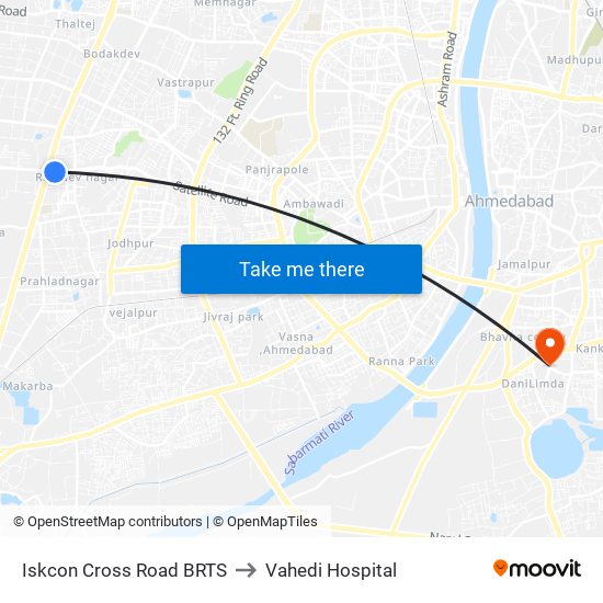 Iskcon Cross Road BRTS to Vahedi Hospital map