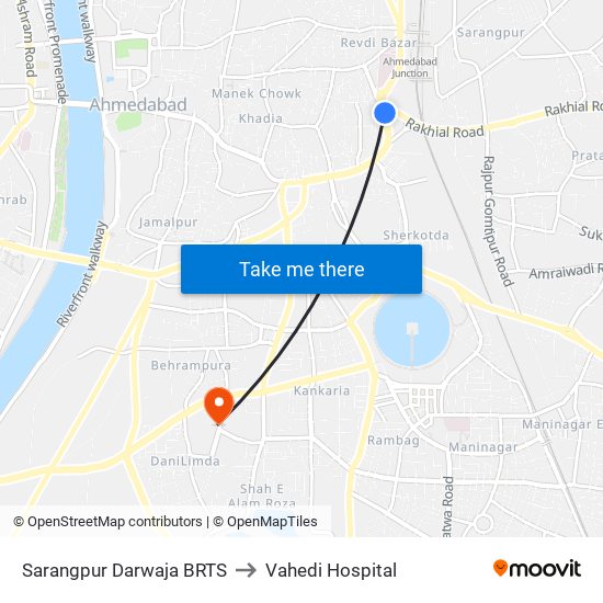 Sarangpur Darwaja BRTS to Vahedi Hospital map