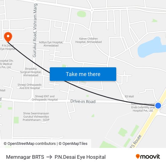 Memnagar BRTS to P.N.Desai Eye Hospital map