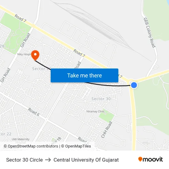 Sector 30 Circle to Central University Of Gujarat map