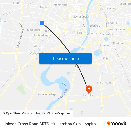 Iskcon Cross Road BRTS to Lambha Skin Hospital map