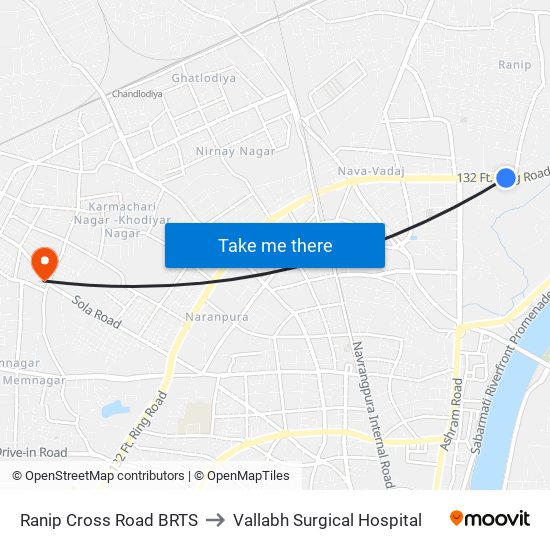 Ranip Cross Road BRTS to Vallabh Surgical Hospital map
