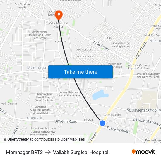 Memnagar BRTS to Vallabh Surgical Hospital map