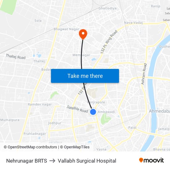 Nehrunagar BRTS to Vallabh Surgical Hospital map