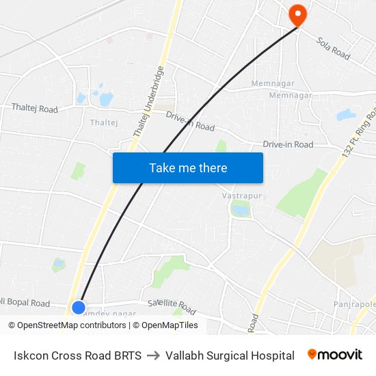 Iskcon Cross Road BRTS to Vallabh Surgical Hospital map