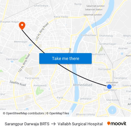 Sarangpur Darwaja BRTS to Vallabh Surgical Hospital map