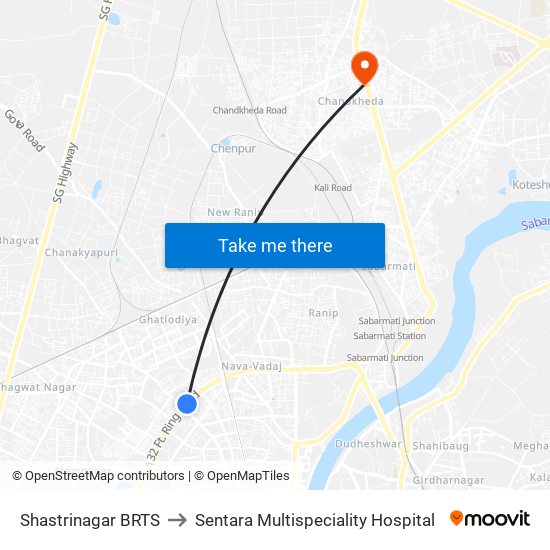 Shastrinagar BRTS to Sentara Multispeciality Hospital map