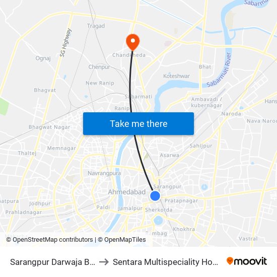 Sarangpur Darwaja BRTS to Sentara Multispeciality Hospital map