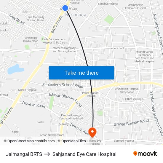 Jaimangal BRTS to Sahjanand Eye Care Hospital map