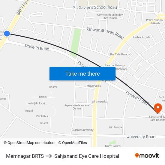 Memnagar BRTS to Sahjanand Eye Care Hospital map