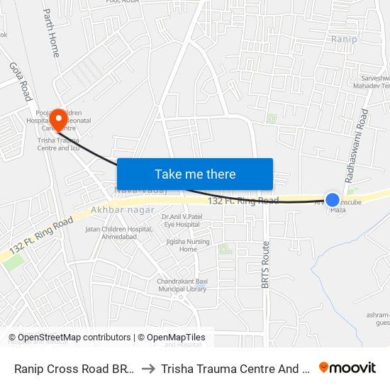 Ranip Cross Road BRTS to Trisha Trauma Centre And Icu map