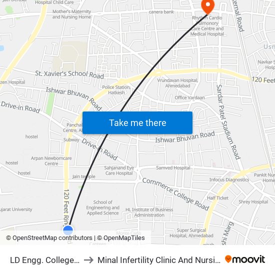 LD Engg. College BRTS to Minal Infertility Clinic And Nursing Home map