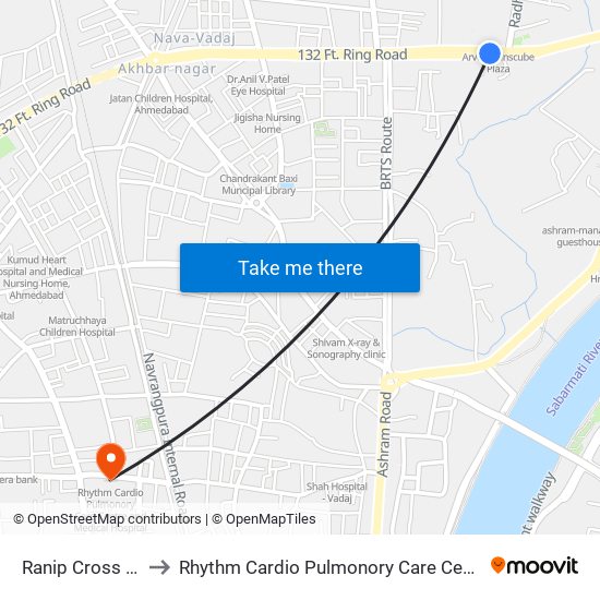 Ranip Cross Road BRTS to Rhythm Cardio Pulmonory Care Centre And Medical Hospital map