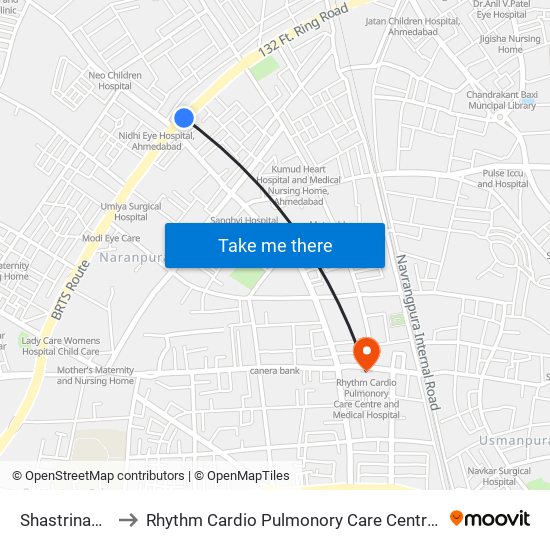 Shastrinagar BRTS to Rhythm Cardio Pulmonory Care Centre And Medical Hospital map