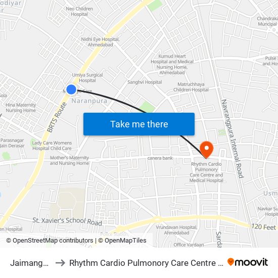 Jaimangal BRTS to Rhythm Cardio Pulmonory Care Centre And Medical Hospital map