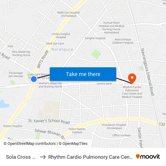 Sola Cross Road BRTS to Rhythm Cardio Pulmonory Care Centre And Medical Hospital map