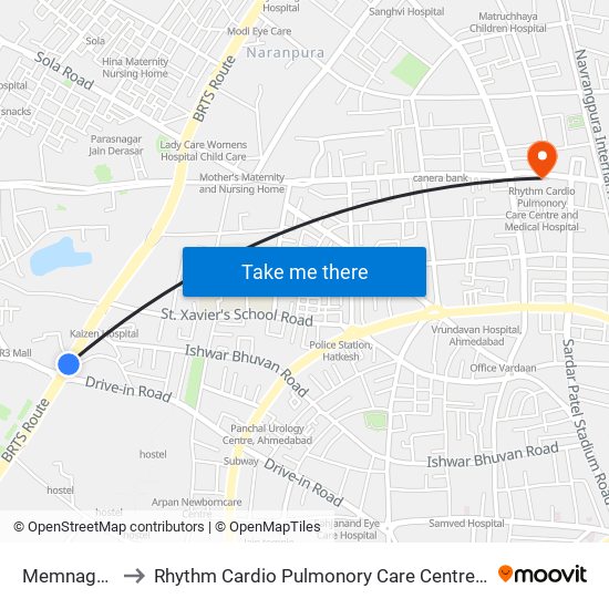 Memnagar BRTS to Rhythm Cardio Pulmonory Care Centre And Medical Hospital map