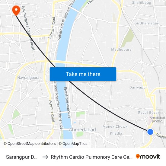 Sarangpur Darwaja BRTS to Rhythm Cardio Pulmonory Care Centre And Medical Hospital map