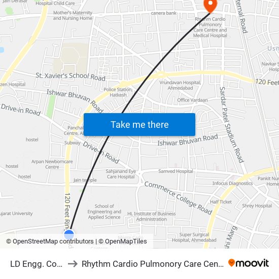 LD Engg. College BRTS to Rhythm Cardio Pulmonory Care Centre And Medical Hospital map