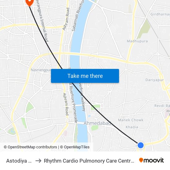 Astodiya Darwaja to Rhythm Cardio Pulmonory Care Centre And Medical Hospital map