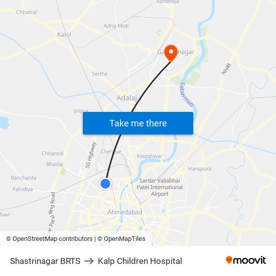 Shastrinagar BRTS to Kalp Children Hospital map