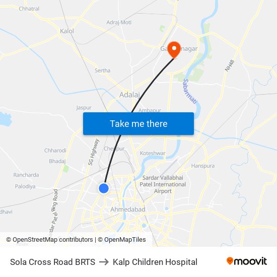 Sola Cross Road BRTS to Kalp Children Hospital map