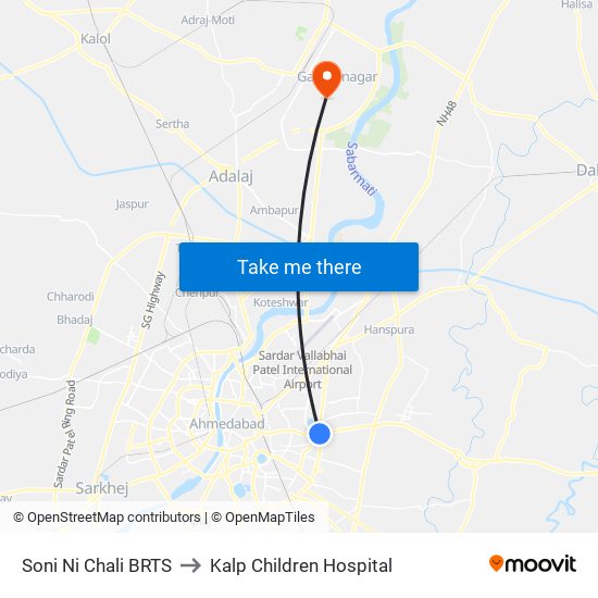 Soni Ni Chali BRTS to Kalp Children Hospital map