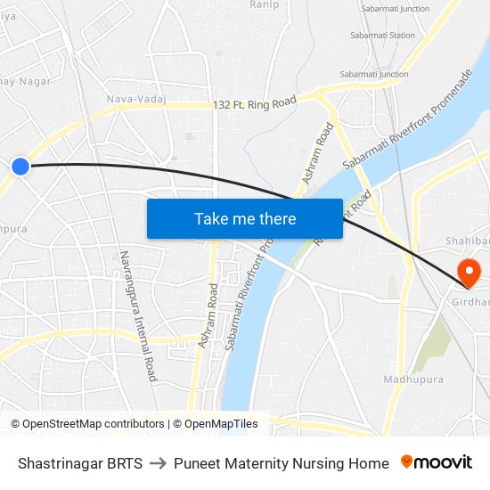 Shastrinagar BRTS to Puneet Maternity Nursing Home map