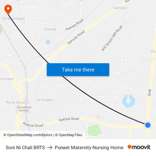 Soni Ni Chali BRTS to Puneet Maternity Nursing Home map