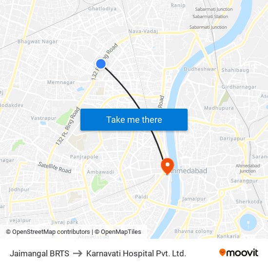 Jaimangal BRTS to Karnavati Hospital Pvt. Ltd. map