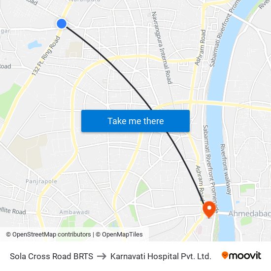 Sola Cross Road BRTS to Karnavati Hospital Pvt. Ltd. map