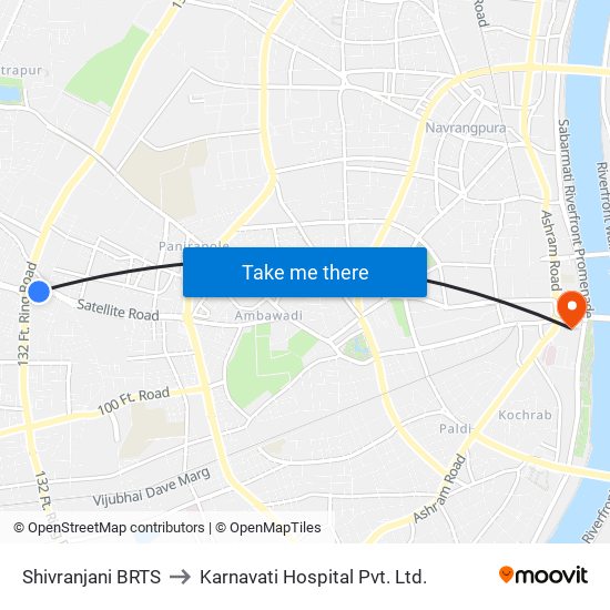Shivranjani BRTS to Karnavati Hospital Pvt. Ltd. map