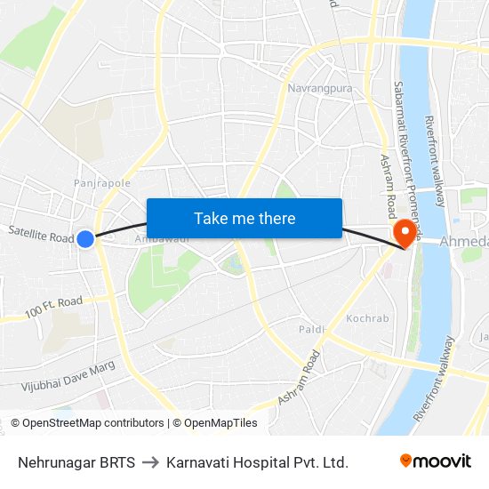 Nehrunagar BRTS to Karnavati Hospital Pvt. Ltd. map