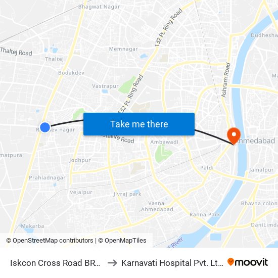 Iskcon Cross Road BRTS to Karnavati Hospital Pvt. Ltd. map