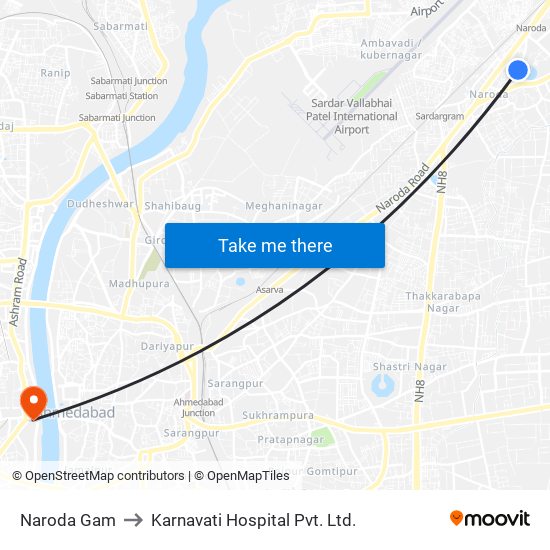 Naroda Gam to Karnavati Hospital Pvt. Ltd. map
