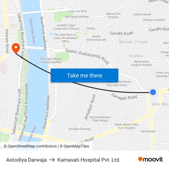 Astodiya Darwaja to Karnavati Hospital Pvt. Ltd. map
