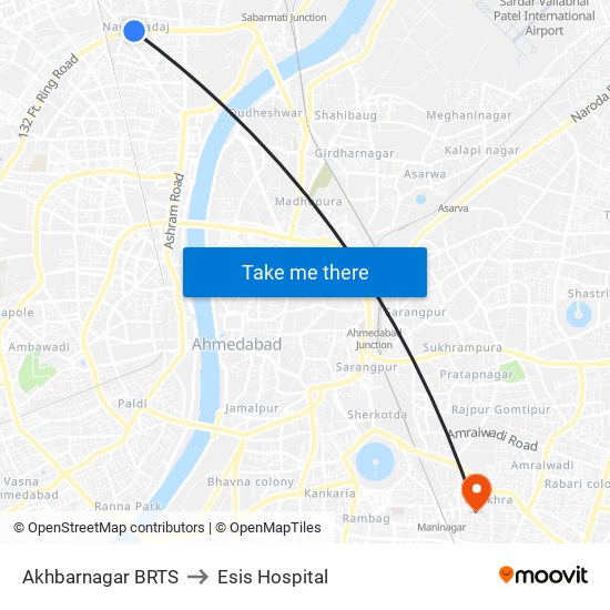 Akhbarnagar BRTS to Esis Hospital map