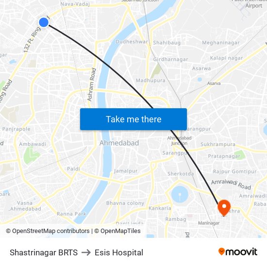 Shastrinagar BRTS to Esis Hospital map