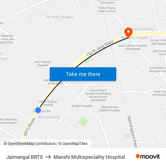 Jaimangal BRTS to Manshi Multispeciality Hospital map