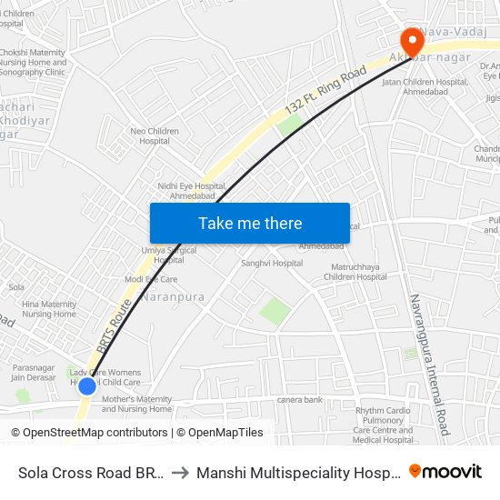 Sola Cross Road BRTS to Manshi Multispeciality Hospital map
