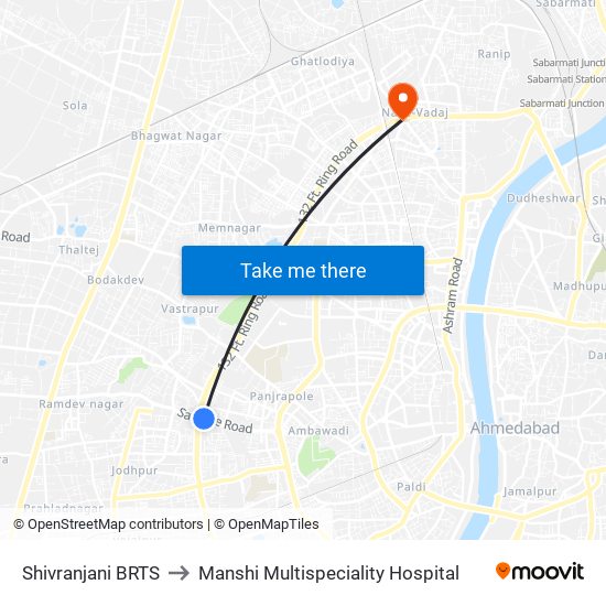 Shivranjani BRTS to Manshi Multispeciality Hospital map