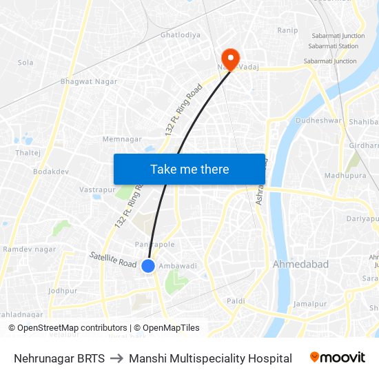 Nehrunagar BRTS to Manshi Multispeciality Hospital map