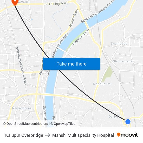 Kalupur Overbridge to Manshi Multispeciality Hospital map