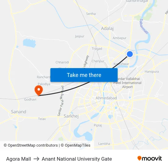 Agora Mall to Anant National University Gate map