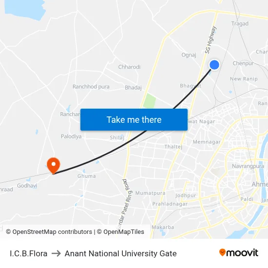 I.C.B.Flora to Anant National University Gate map