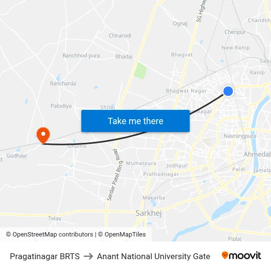 Pragatinagar BRTS to Anant National University Gate map