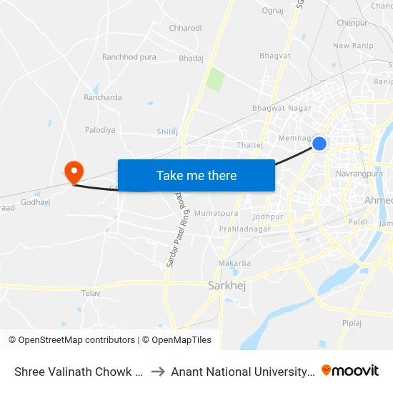 Shree Valinath Chowk BRTS to Anant National University Gate map