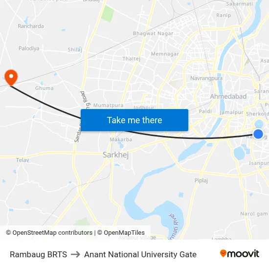 Rambaug BRTS to Anant National University Gate map